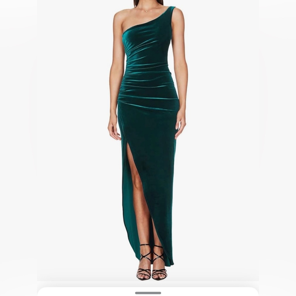 Green Ruched One Shoulder Gown with Slit